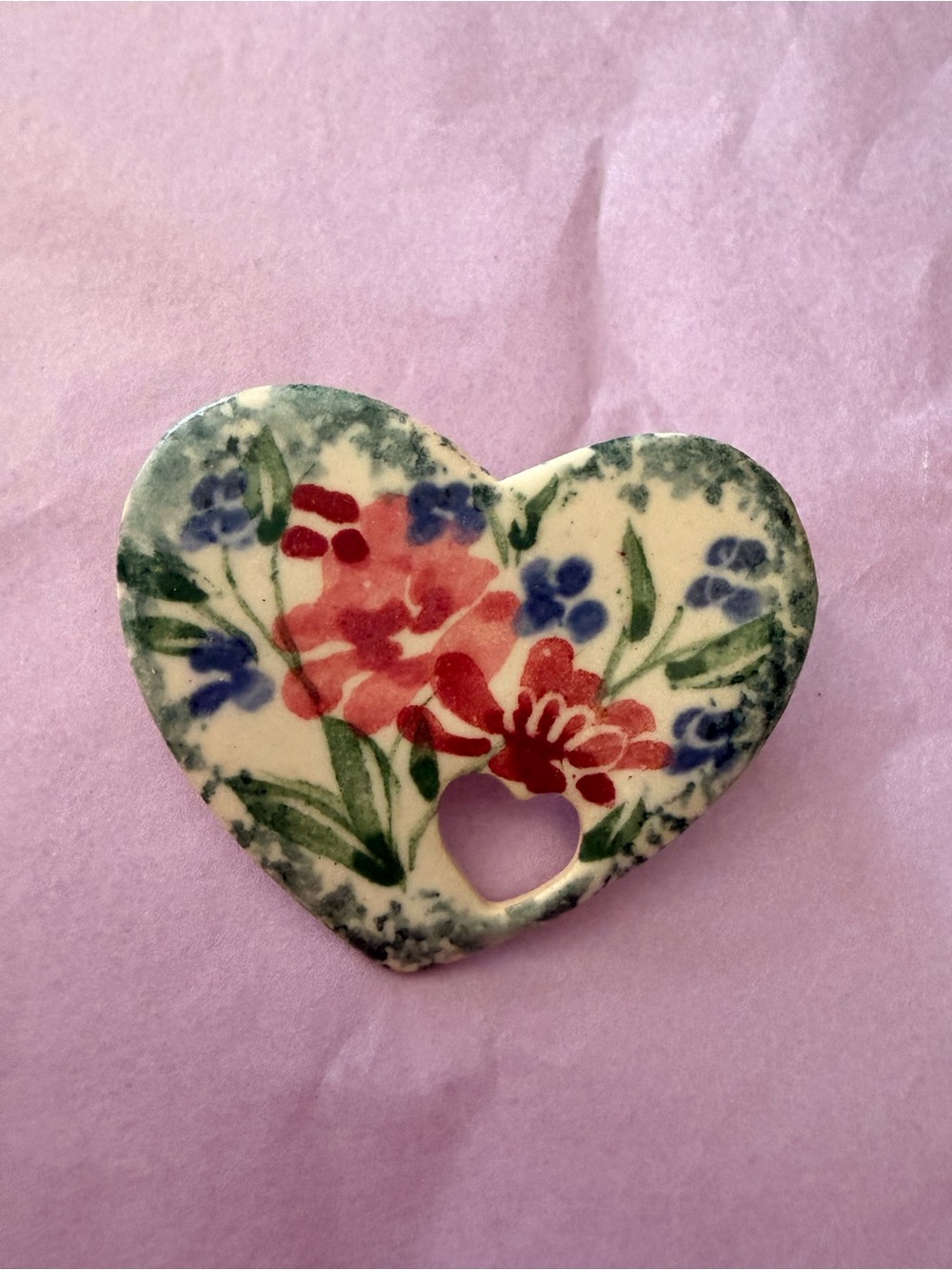 Vintage Artisan Ceramic Heart Brooch Floral Hand Painted Style Pin